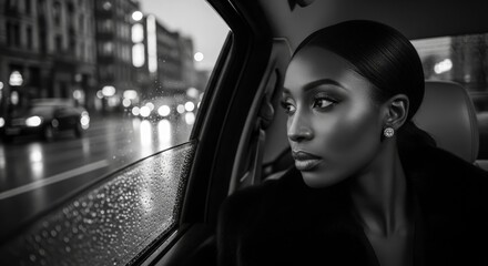Elegant black woman looking out car window at night in rainy city street