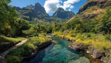 A tranquil stream winds through lush tropical vegetation, nestled amidst towering mountains under a vibrant sky.