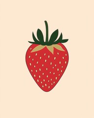 Vibrant red strawberry illustration with green leaves on a soft cream background, showcasing freshness and simplicity.
