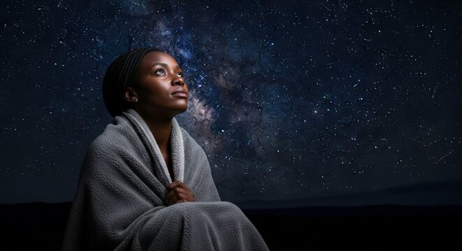 A young black woman wrapped in a blanket gazes up at the vast, starfilled night sky, contemplating the universe and her place within it