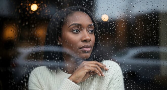 A thoughtful black woman looking out a window on a rainy day, with raindrops on the glass creating a blurred effect and bokeh lights in the background - Powered by Adobe