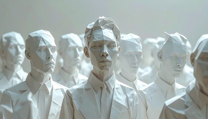 A multitude of meticulously crafted paper figures, in muted tones of white, forming a strong visual statement of an orderly crowd.
