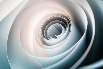 Fototapeta premium Close-up of a delicate swirl of light blue paper, resembling a rose petal, showcasing intricate layers and soft hues.