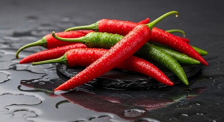 Vibrant red and green chili peppers glistening with water drops on a dark, reflective surface, showcasing their fresh texture and appetizing appearance