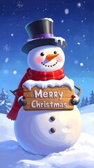 Obraz premium Christmas card illustration of a joyful, beautifully snowman with a stylish top hat stands smiling. He holds a festive welcome sign with 