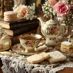 Fototapeta premium Elegant vintage tea set with delicate porcelain cup, ornate teapot, and sweet pastries, perfect for a refined afternoon indulgence and cherished moments.