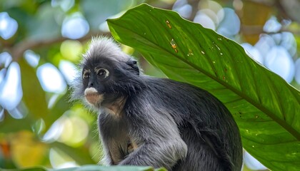 Close-up of a dusky leaf monkey perched amongst lush foliage, showcasing intricate details and vibrant greenery.