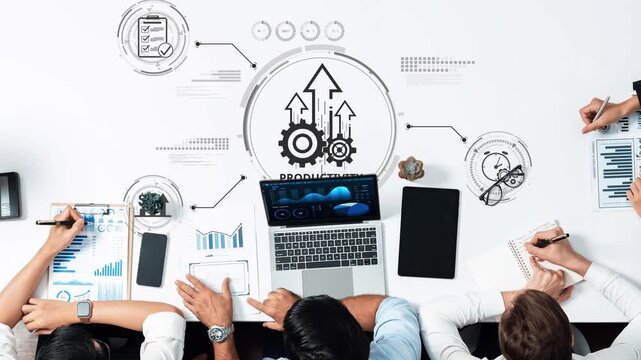 A modern business meeting focused on productivity strategies, showcasing diverse professionals collaborating with documents, charts, and technology in an efficient workspace. Raster