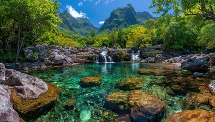 A tranquil scene of crystal-clear turquoise water flowing over rocks, surrounded by lush greenery and towering mountains under a vibrant blue sky.