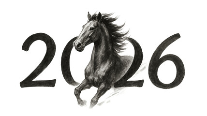 水墨画風 馬と2026 数字入り 干支 年賀状デザイン/Sumi-e Style Horse with 2026 Numbers – Zodiac New Year Design Generative AI