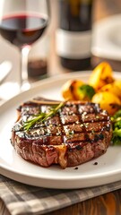 Grilled steak with roasted potatoes and broccoli served with wine