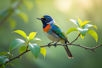 Fototapeta premium A vibrant bird perched on a slender branch, showcasing a stunning array of colors including bright blue, orange, yellow, and green, vibrant green leaf's, Love nature, vibrant green tree