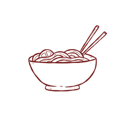 Hand drawn japanese ramen noodle in bowl with chopstick outline illustration