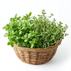 Naklejka premium A beautiful woven basket filled with fresh green oregano and thyme sprigs, perfect for culinary use.