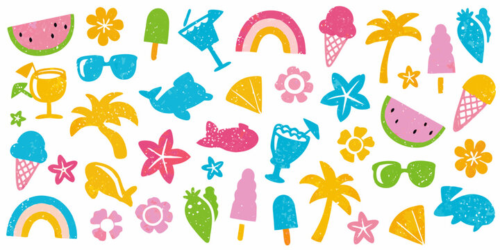 Vibrant summer vacation icons collection featuring watermelon ice cream palm trees and sunglasses