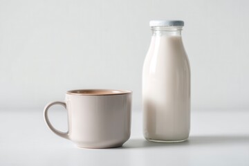 A mug and bottle both full of milk are sidebyside on a light surface against a plain white background