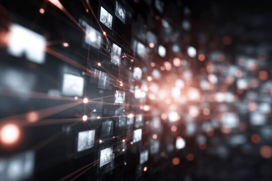 A network of screens linked by glowing nodes and lines with a blurred glowing center