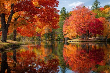 Colorful foliage tree reflections in calm pond water on a beautiful autumn day in New England. High quality