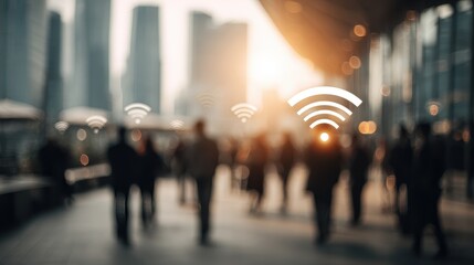 Obraz premium Business networking connection concept and Wi-Fi in city.Technology communication.Background blur building in the capital.