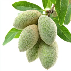 Close-up of young green almonds hanging from a branch with vibrant leaves.