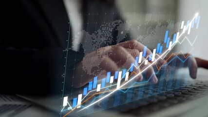 A business professional engages with financial data on a laptop, displaying charts and graphs that illustrate market trends and growth in a modern workspace. Copula - Powered by Adobe