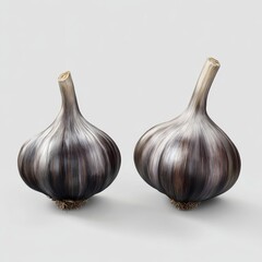 Obraz premium Two artistic black garlic bulbs on a light gray background, showcasing their unique shape and texture.