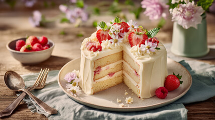 苺クリームのバニラ層ケーキの断面を皿に盛る