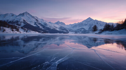 雪山と薄氷の湖面に映る冬の夕暮れ風景