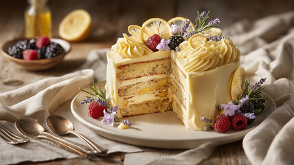 レモンケシの実の層ケーキ断面を皿に盛り付け