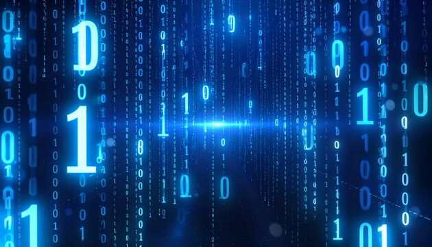 Abstract matrix-style background with glowing binary numbers and dark gradient.