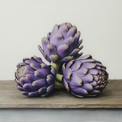 Fototapeta premium Three beautifully arranged purple artichokes on a wooden table, showcasing their vibrant colors and intricate details.