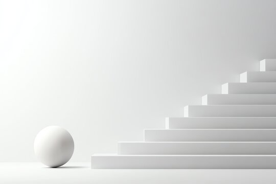 Minimalistic image depicting a sphere next to ascending white steps symbolizing progress and simplicity.