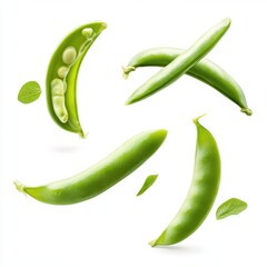Fresh green sugar snap peas and leaves arranged artistically on a white background.