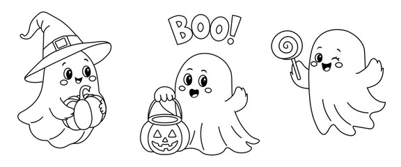 Three cute ghosts celebrate Halloween by scaring each other. Set of charming cartoon illustrations of ghosts for Halloween. Perfect for children's drawings, coloring pages, or holiday decorations. EPS