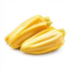 Two ripe yellow jackfruits on a white background, showcasing their smooth texture and vibrant color.