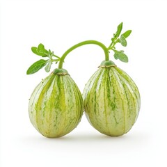 Two unique green melons with striped patterns, showcasing a fresh and vibrant appearance.