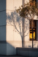 A light-filled urban scene featuring a tree's shadow cast upon a light beige building facade.