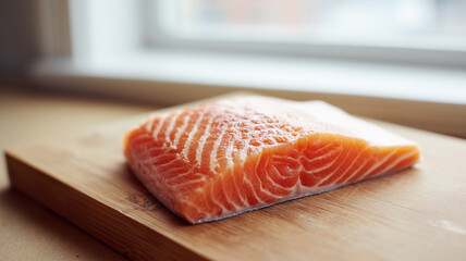 木のまな板に生サーモン切り身がのる