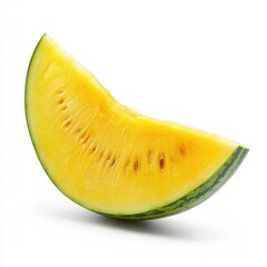 A vibrant slice of yellow watermelon with a smooth green rind, showcasing its juicy texture and sweet seeds.