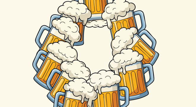 A cheerful cartoon illustration showcases multiple golden beer mugs overflowing with frothy foam