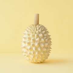 A textured yellow durian on a soft yellow background, showcasing its unique spiky exterior.