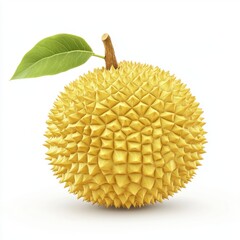 A vibrant, spiky yellow durian fruit with a fresh green leaf on top, showcasing its unique texture and shape.