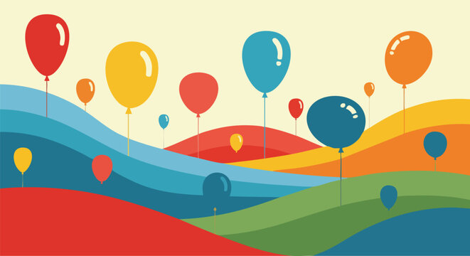 A colorful vector illustration depicting celebratory balloons floating above a wavy, abstract landscape