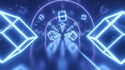 Journey through a futuristic digital tunnel filled with illuminated cubes and undulating data streams against a dark, abstract background with glowing particles. - Powered by Adobe