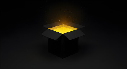 Black Friday unboxing with glowing light from black box.