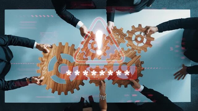Diverse professionals engage in a collaborative meeting, using gears and digital symbols. The image symbolizes teamwork in addressing challenges and enhancing strategies. Raster