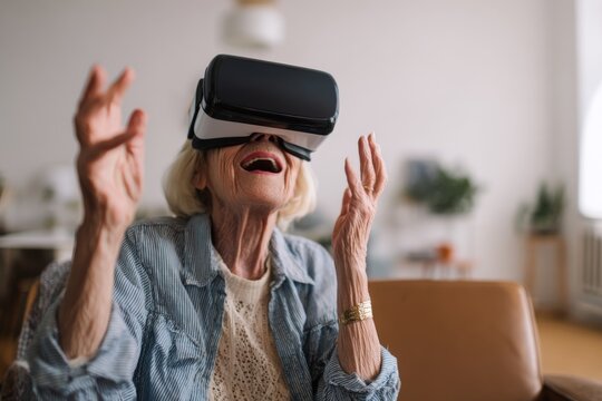 Elderly woman enjoys virtual reality experience at home, showcasing new technology in everyday life