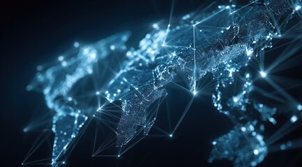 abstract digital map of the world with network connections on a dark blue background, a global business and connectivity concept Generative AI