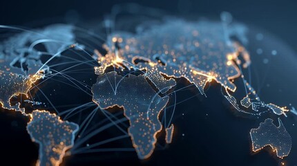 a digital map of the world with network connections on a dark blue background, representing global connectivity and data transfer across different branches of business or trade Generative AI - Powered by Adobe