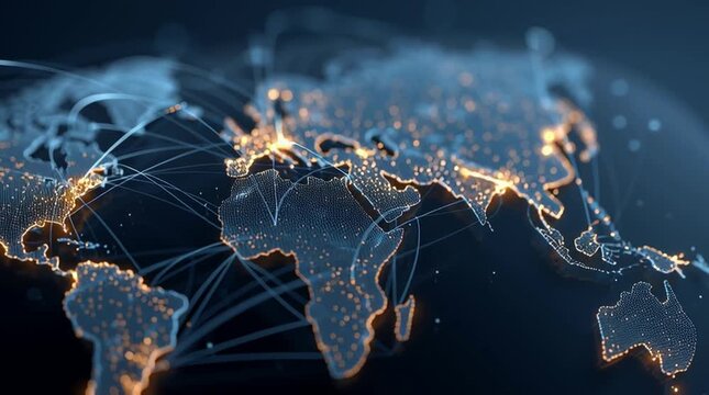 a digital map of the world with network connections on a dark blue background, representing global connectivity and data transfer across different branches of business or trade Generative AI